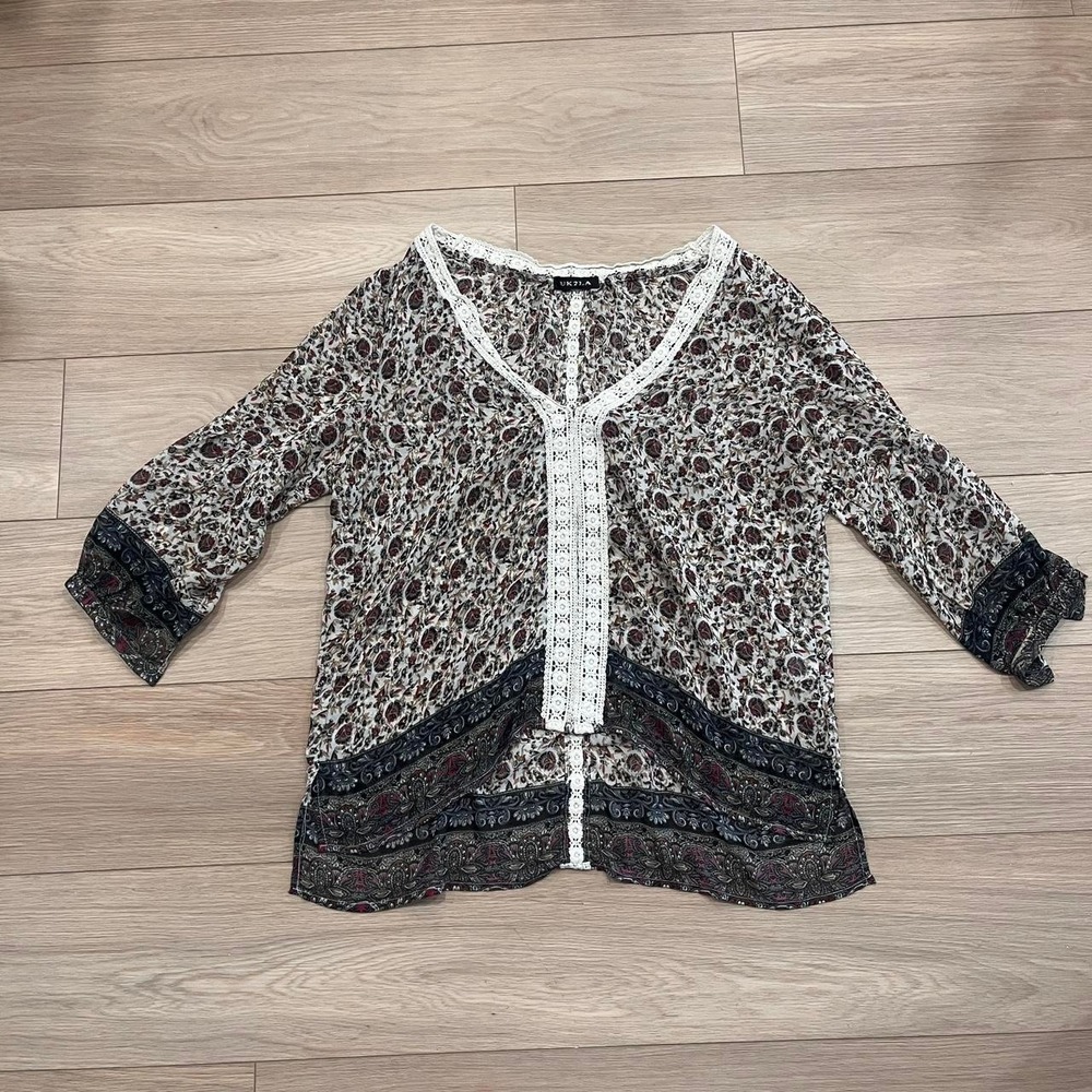 UK2LA Boho Floral Peasant Blouse Crochet Lace Trim Lightweight Women M Cottage‎